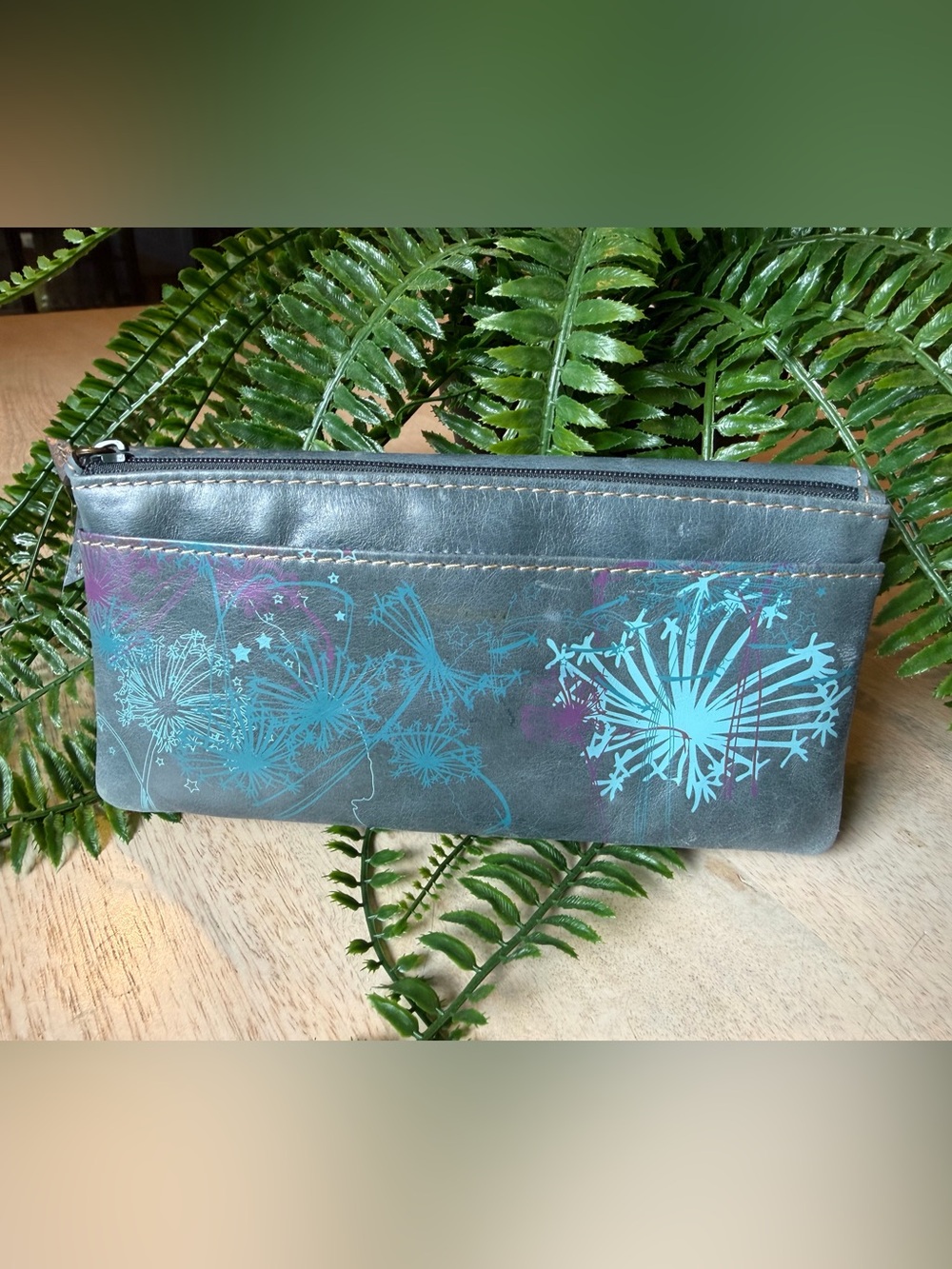 FOSSIL leather Floral Print Wallet Blue Never Used